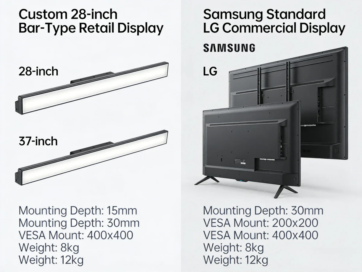 Custom 28-inch and 37-inch bar-type retail displays compared to standard Samsung or LG commercial displays for specific mounting constraints